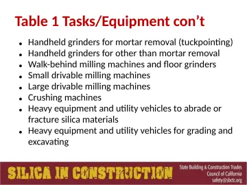 Slide 94: Table 1 Tasks/Equipment con’t