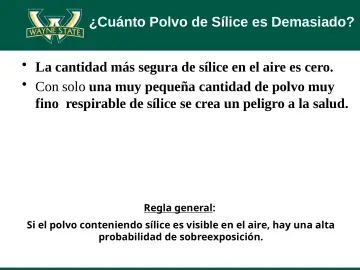 Slide 27: La cantidad más segura de sílice en el aire es cero.