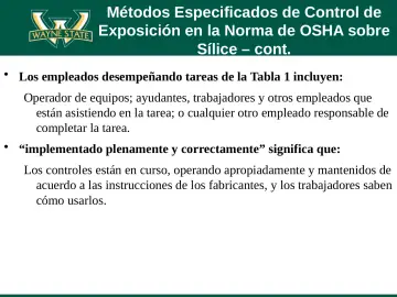 Slide 35: Métodos Especificados de Control de Exposición en la Norma de OSHA sobre