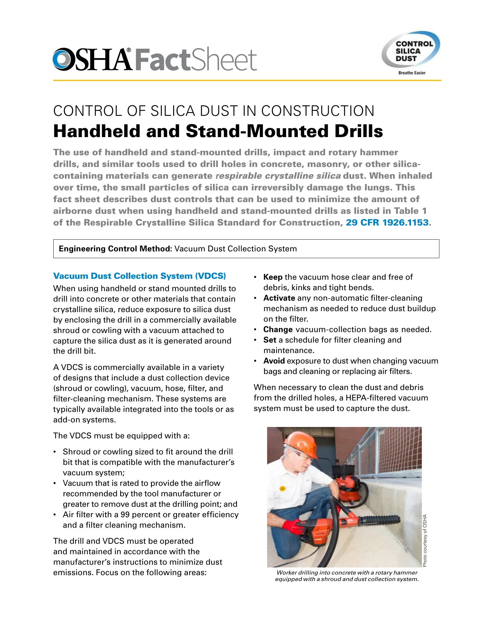 Controlling Silica Dust in Construction: Handheld and Stand-Mounted Drills (OSHA 3630), page 1: FactSheet