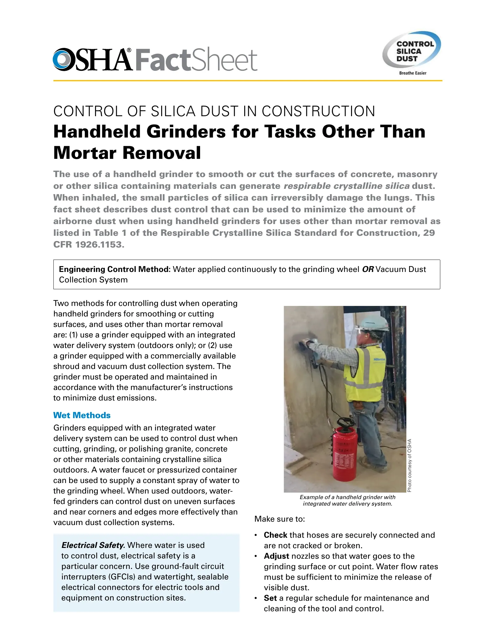 Controlling Silica Dust in Construction: Handheld Grinders (OSHA 3628), page 1: FactSheet