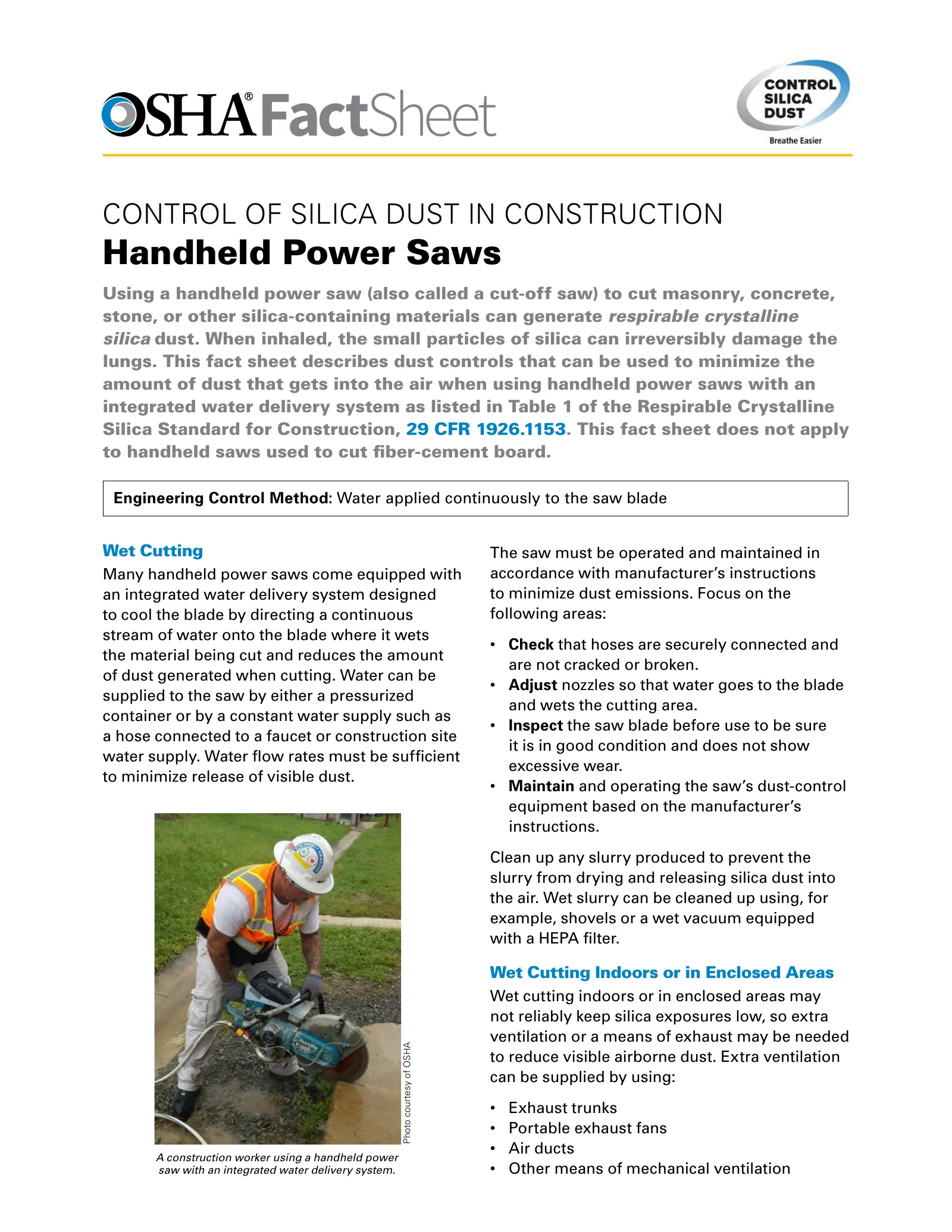 Controlling Silica Dust in Construction: Handheld Power Saws (OSHA 3627), page 1: FactSheet
