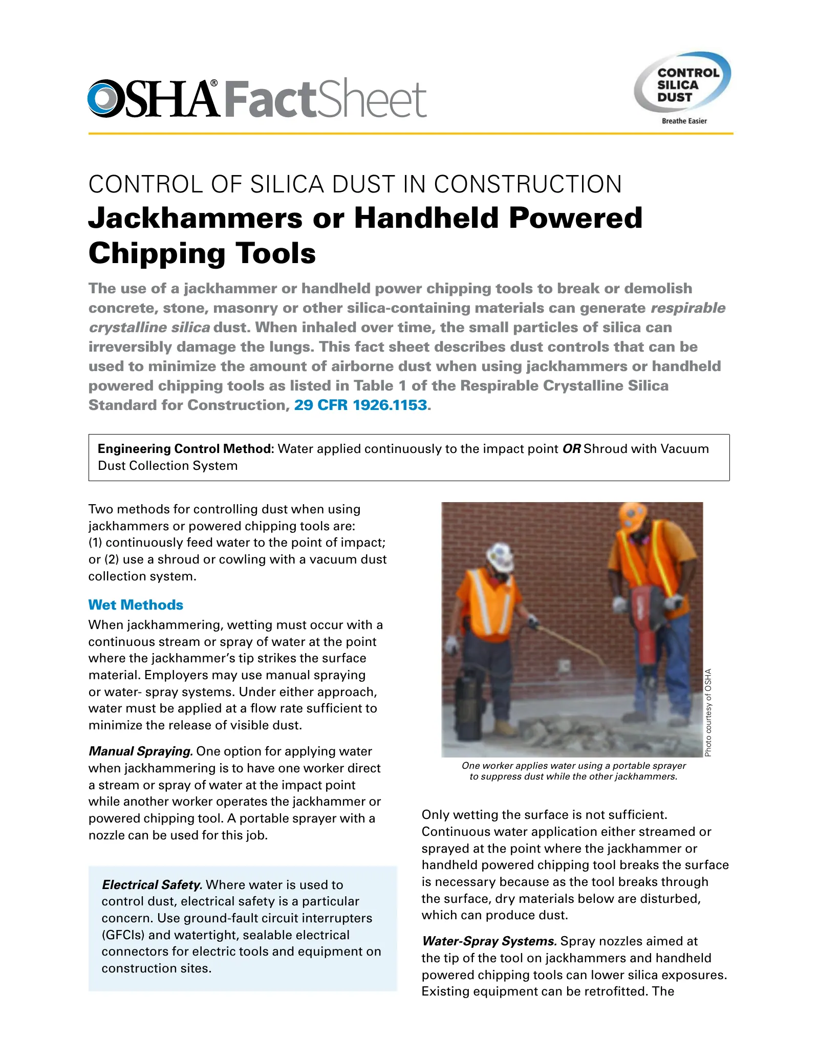 Controlling Silica Dust in Construction: Jackhammers and Handheld Chipping Tools (OSHA 3629), page 1: FactSheet