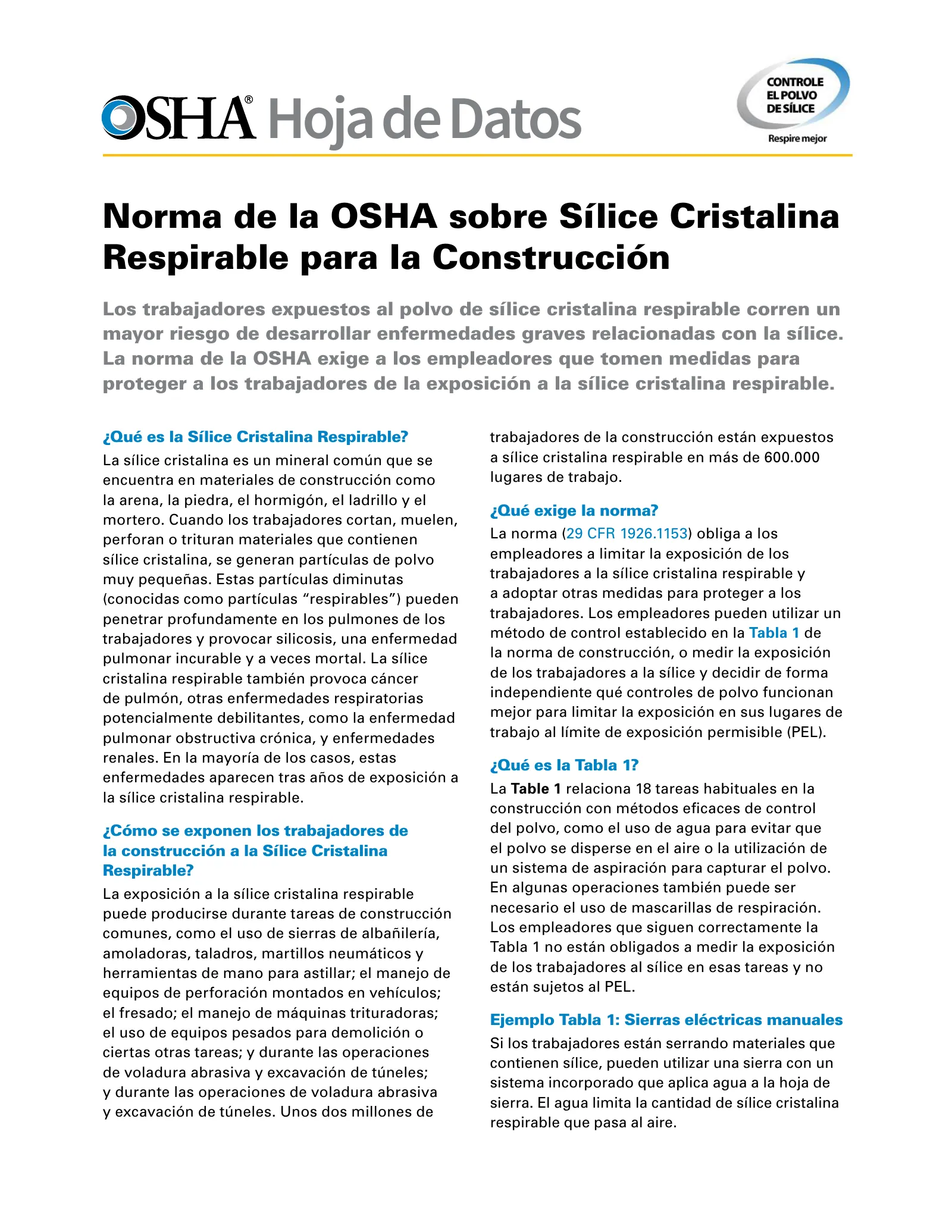 Sílice: Control del polvo de sílice en la construcción - Resumen (FS 3700), page 1: Hoja de Datos