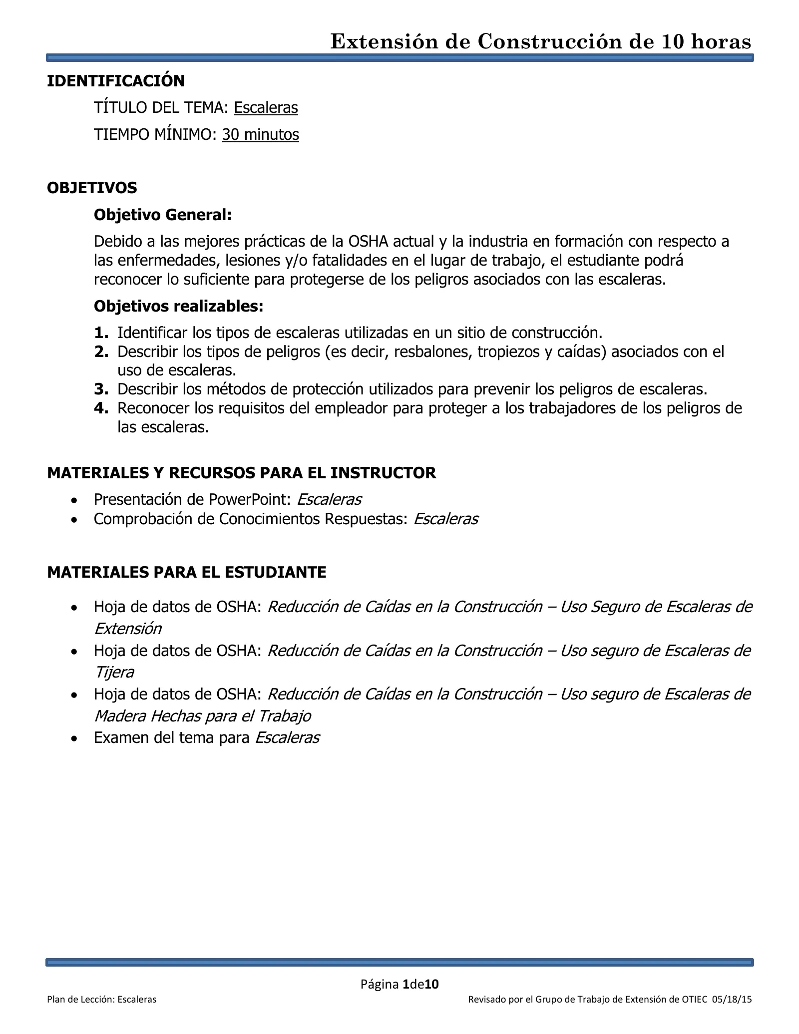 Escaleras y escaleras de mano: Plan de lección (Capacitación de Extensión de 10 horas de OSHA, Construcción), page 1: IDENTIFICACIÓN
