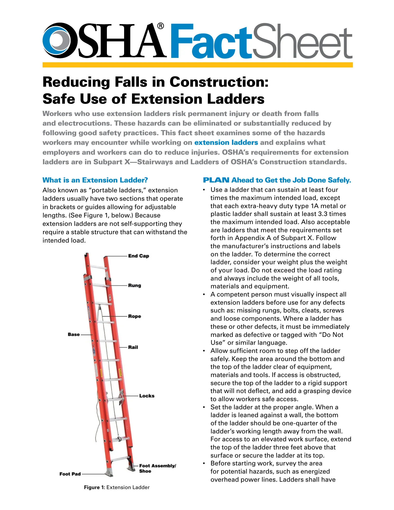 Reducing Falls in Construction: Safe Use of Extension Ladders (OSHA 3660), page 1: FactSheet