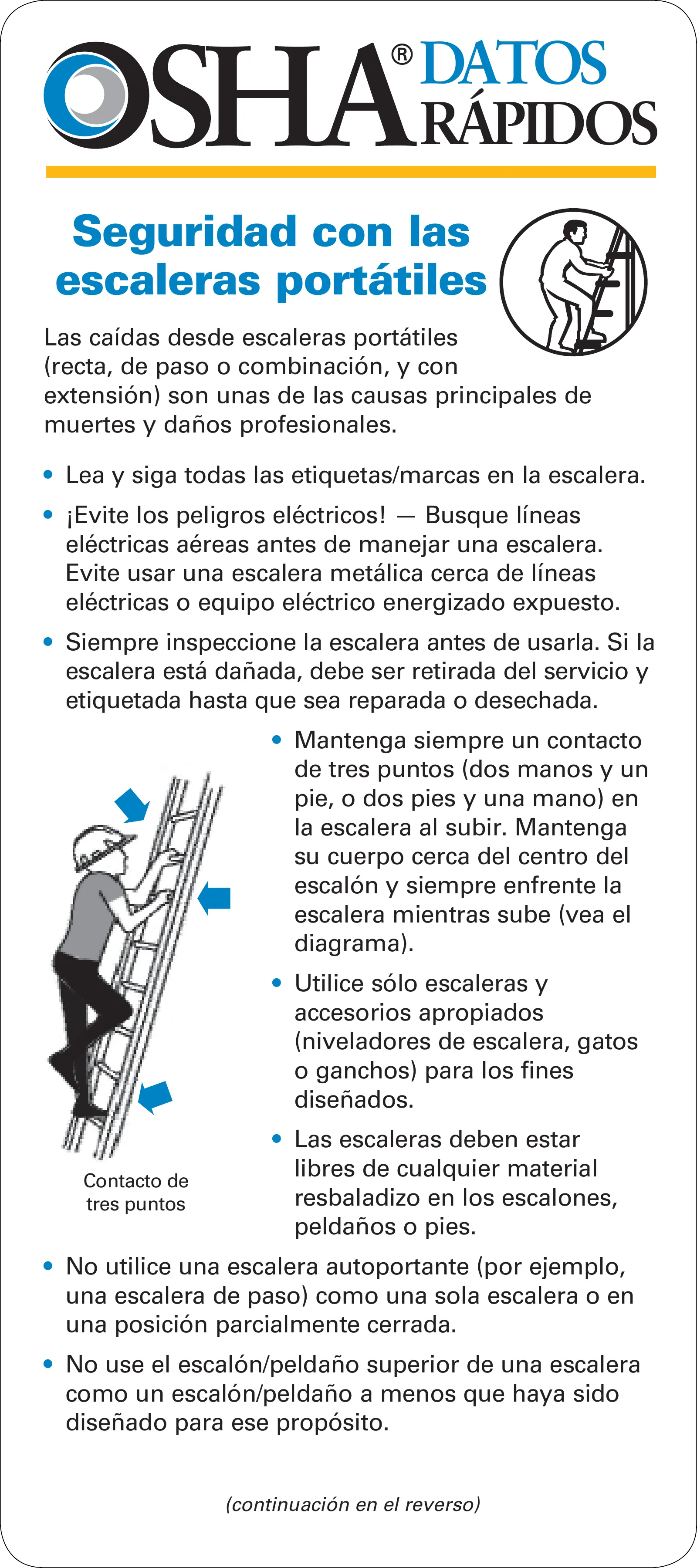 Tarjeta: Seguridad con escaleras portátiles (OSHA 3247), page 1: DATOS RÁPIDOS