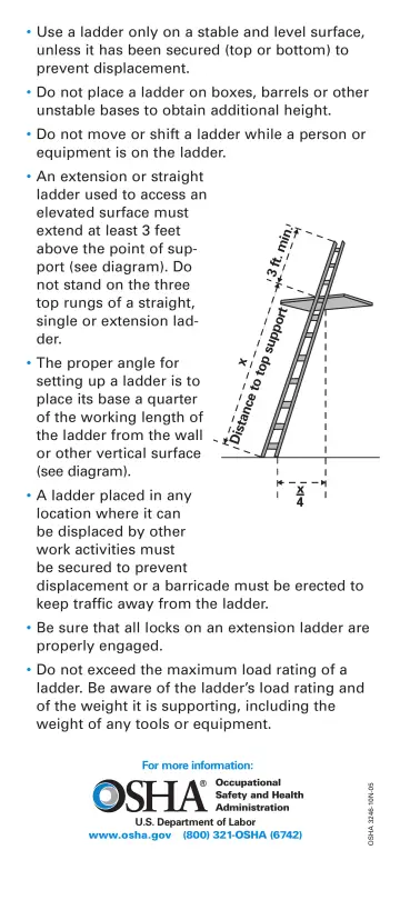 Page 2: Use a ladder only on a stable and level surface, unless it has been secured (top or…