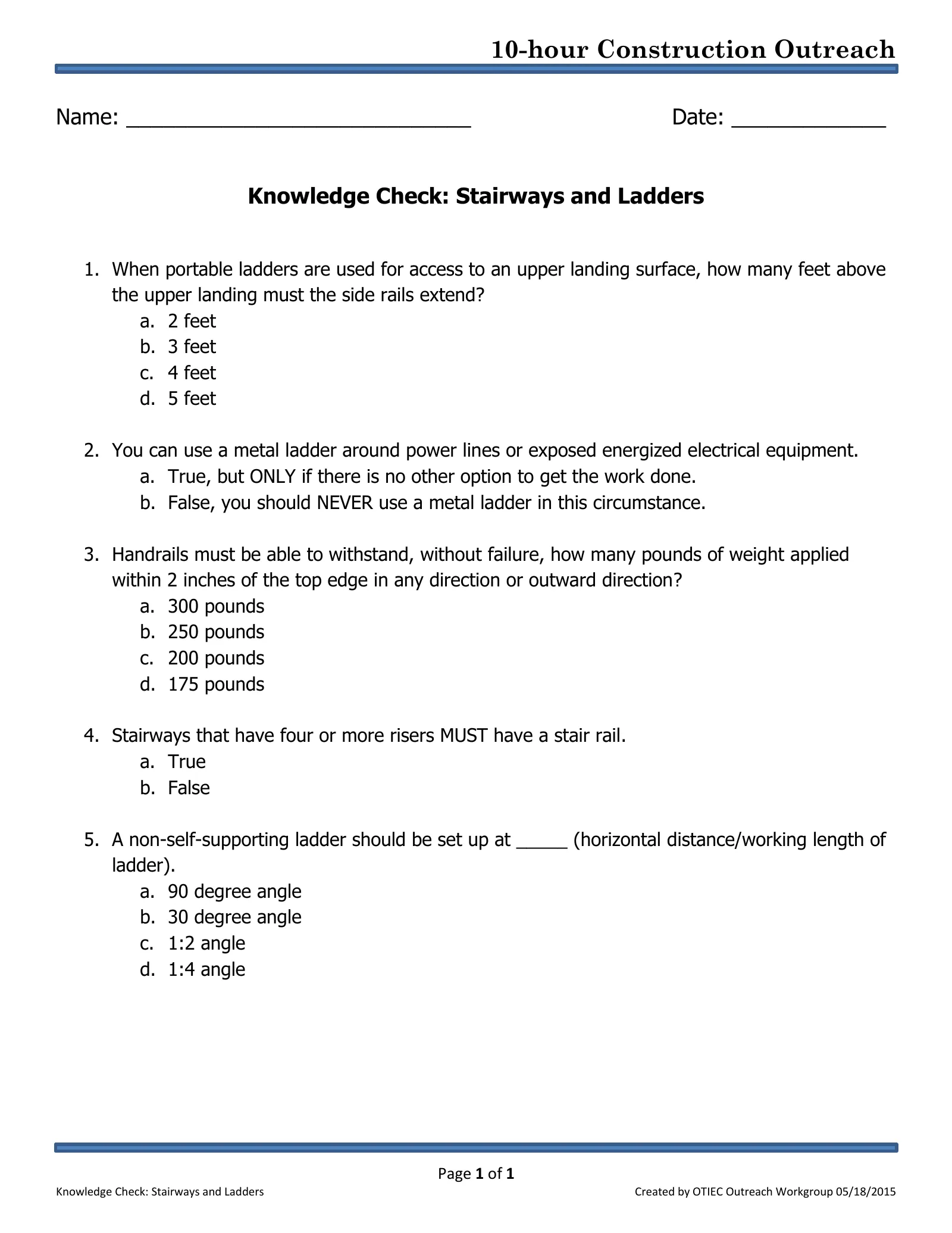 Stairways and Ladders: Knowledge Check (OSHA 10-Hour Construction Outreach), page 1: 10-hour Construction Outreach