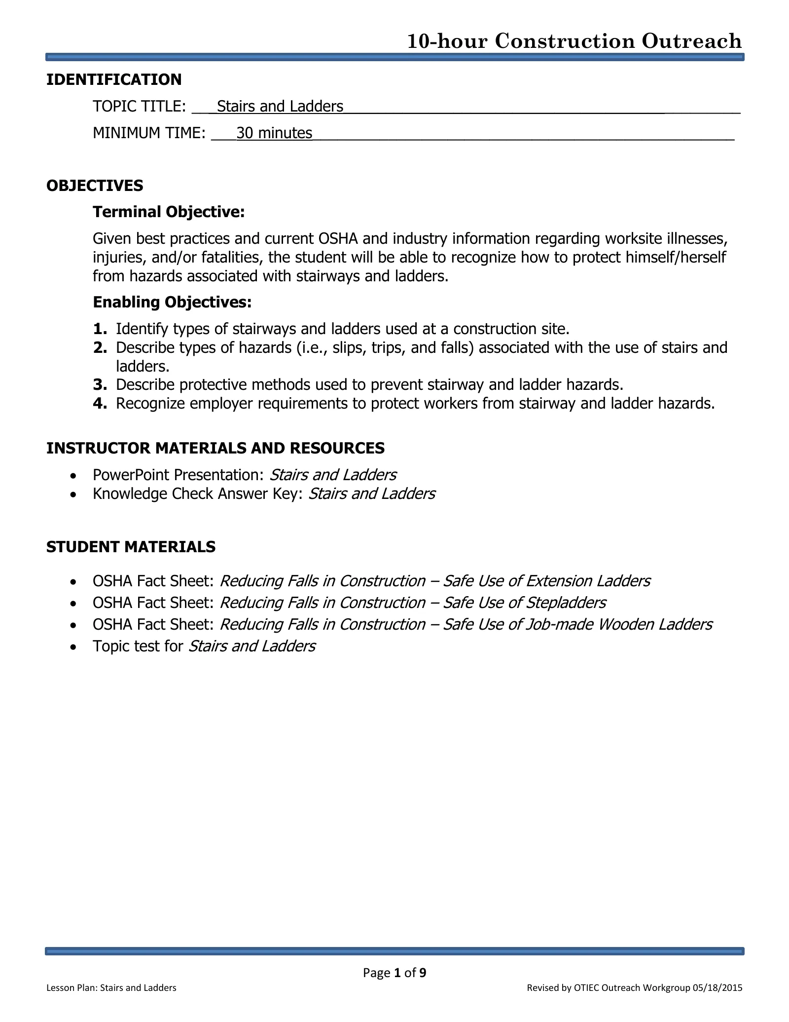 Stairways and Ladders: Lesson Plan (OSHA 10-Hour Construction Outreach), page 1: IDENTIFICATION