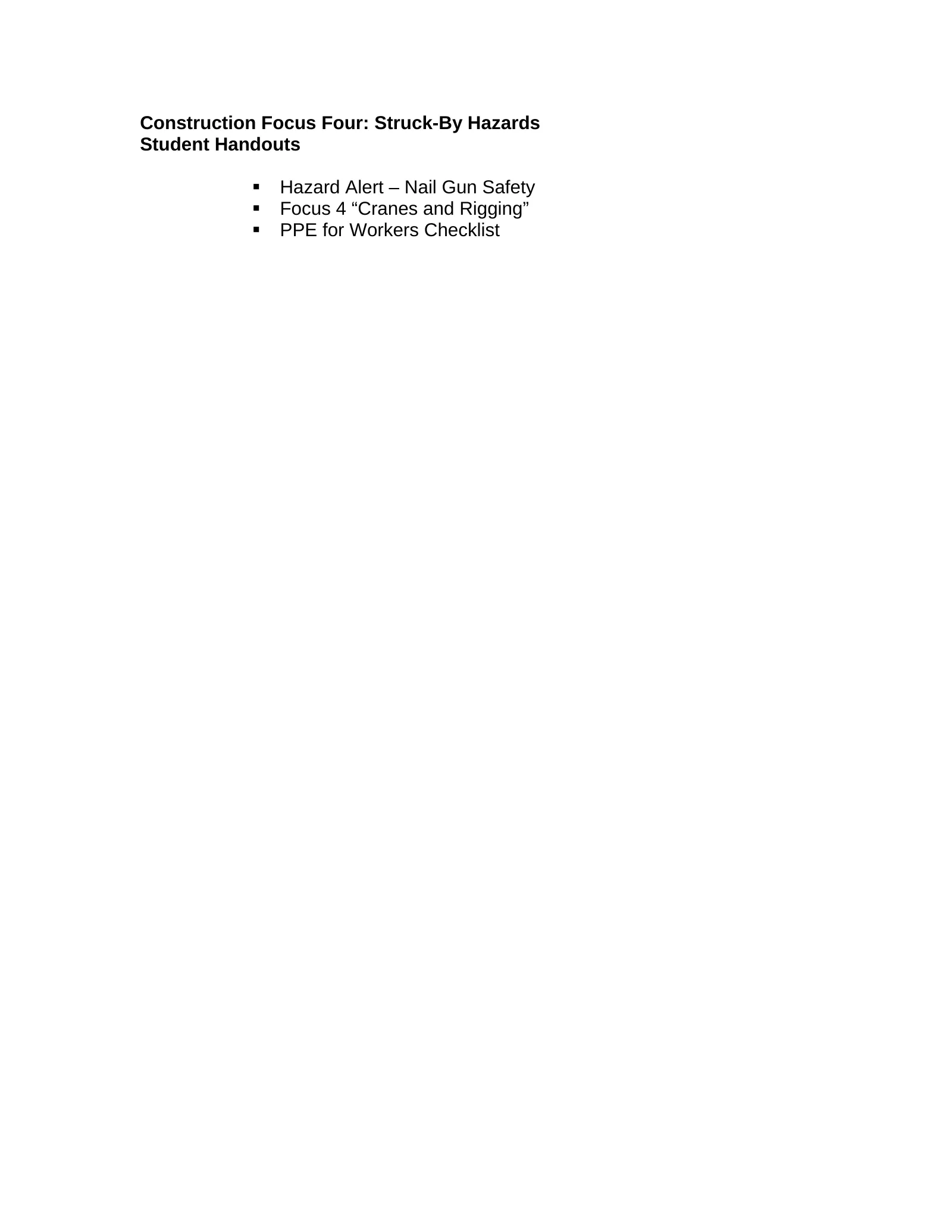 Focus Four: Struck-By Student Handouts, page 1: Construction Focus Four: Struck-By Hazards Student Handouts