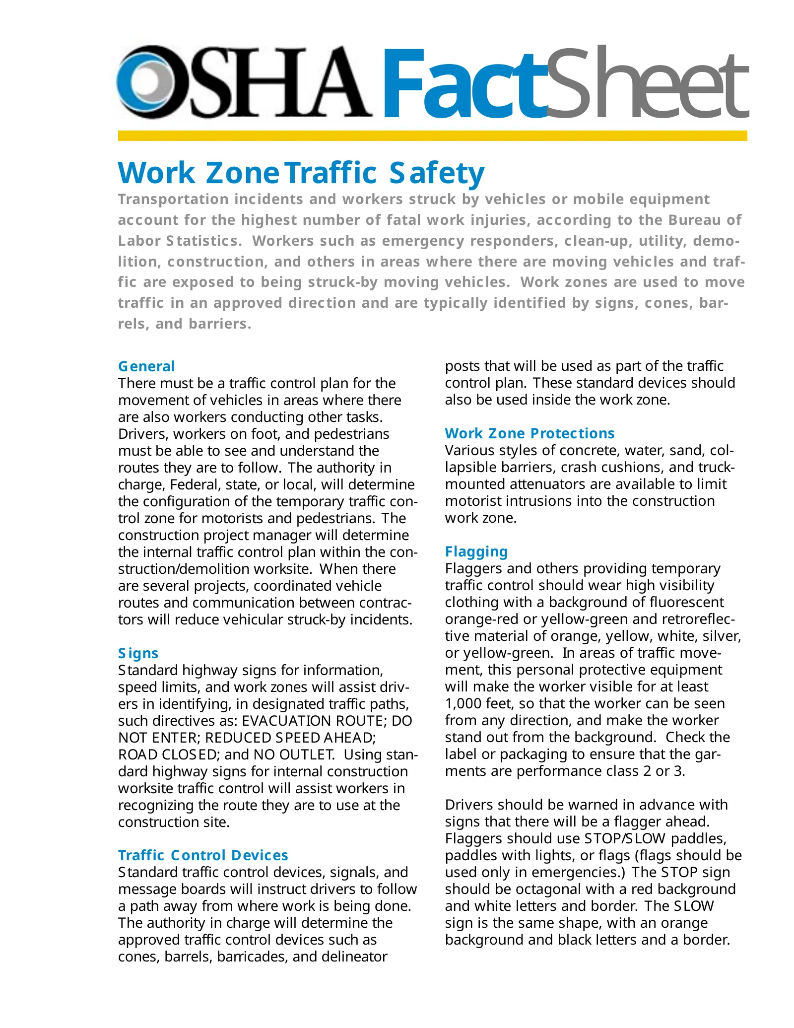 Work Zone Traffic Safety Fact Sheet, page 1: FactSheet