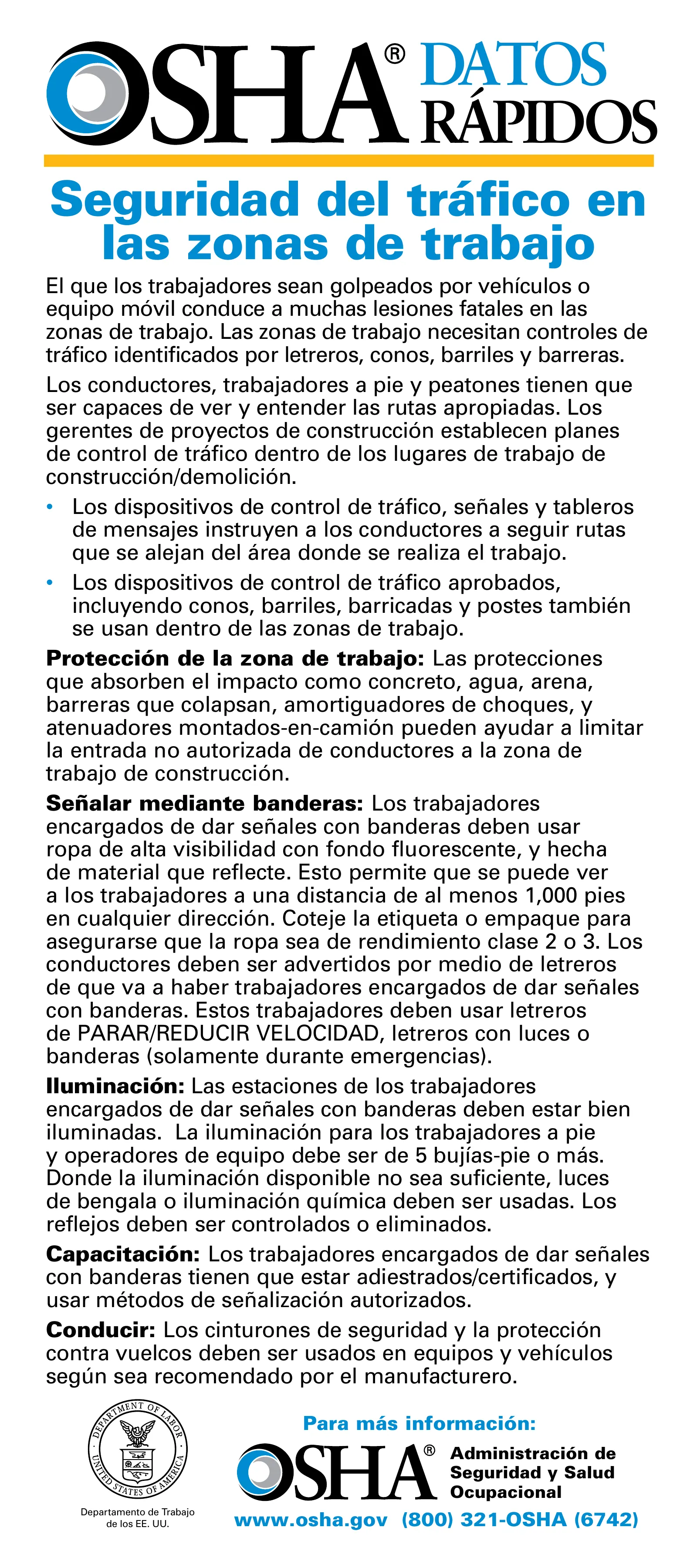 Tarjeta: Seguridad en zonas de trabajo (OSHA 3284), page 1: DATOS RÁPIDOS