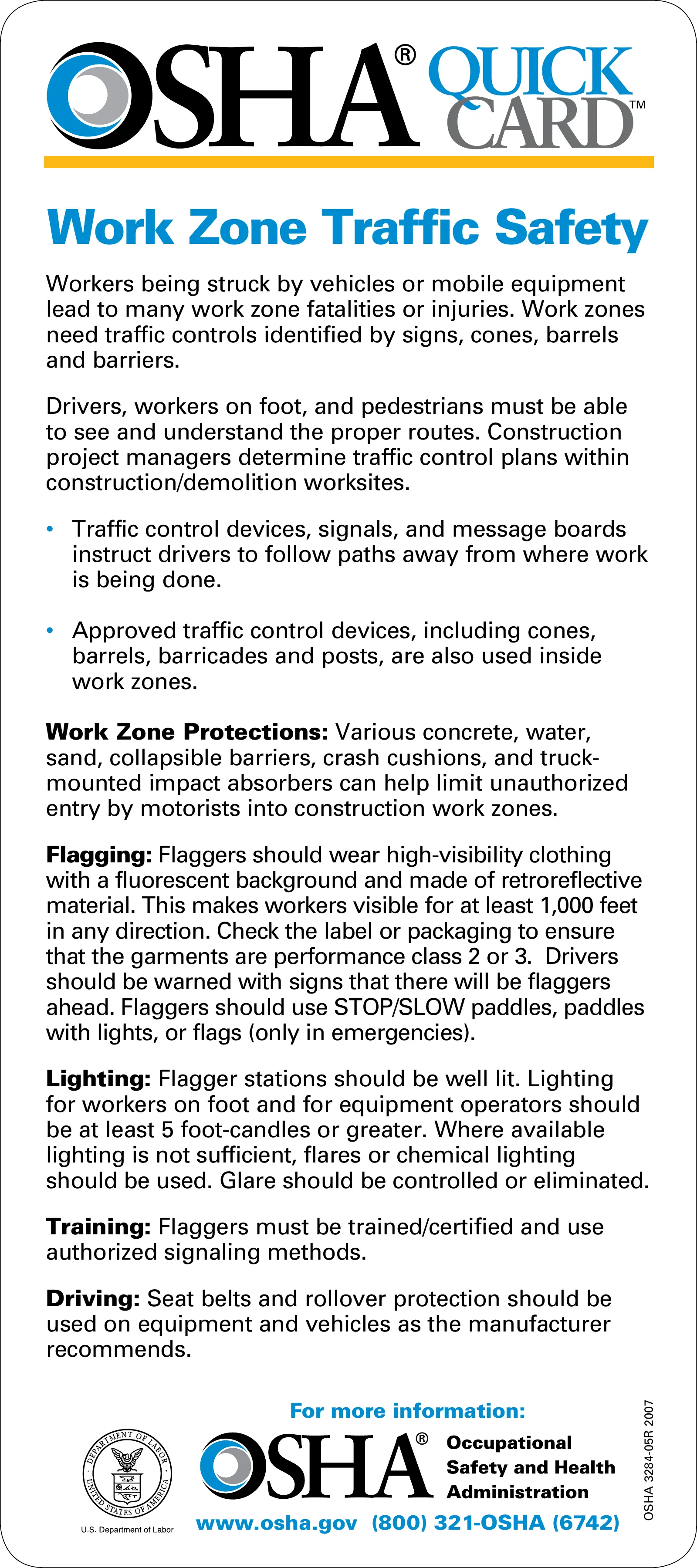 Work Zone Traffic Safety QuickCard (OSHA 3284), page 1: CARD