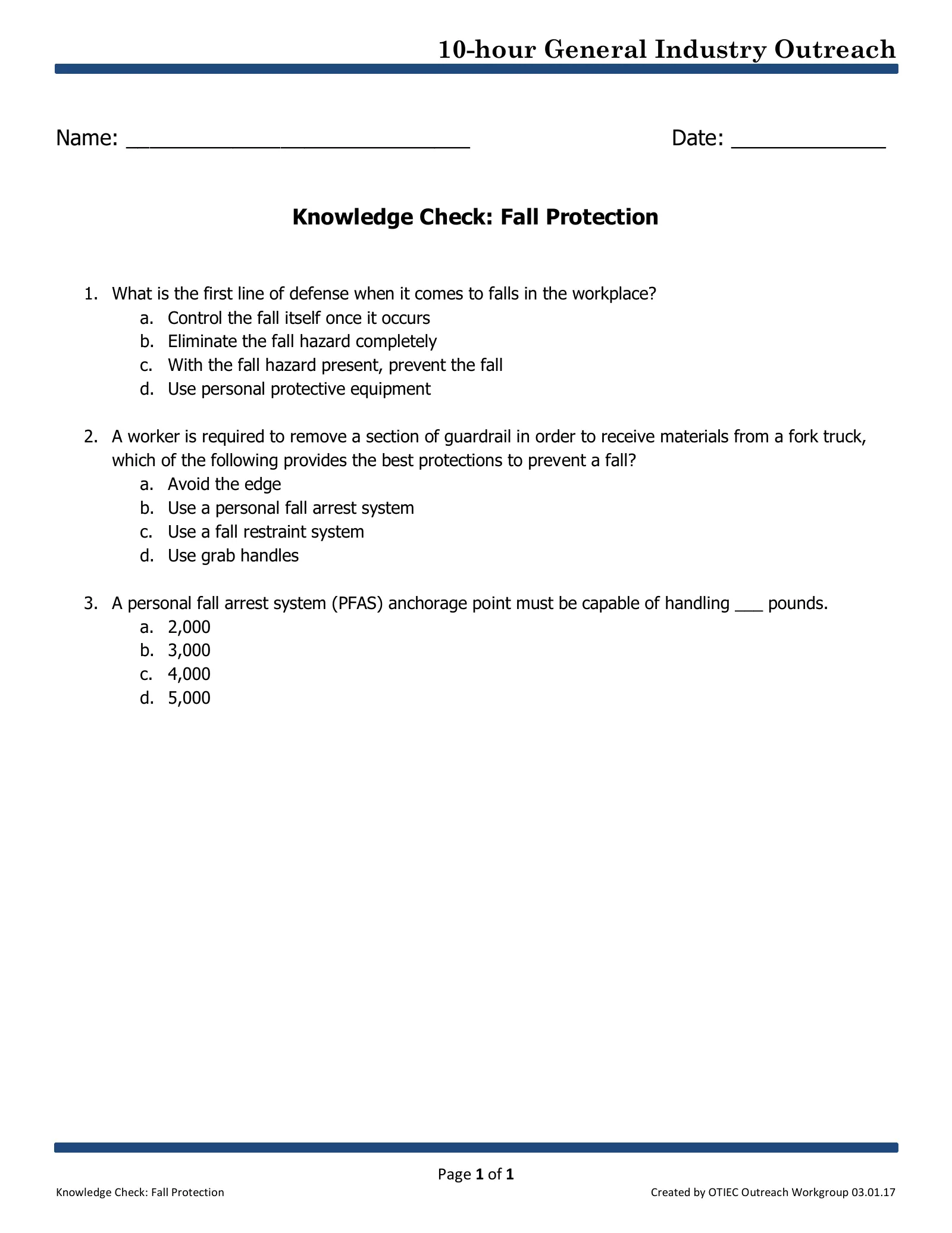 Fall Protection: Knowledge Check (OSHA 10-Hour General Industry Outreach), page 1: 10-hour General Industry Outreach