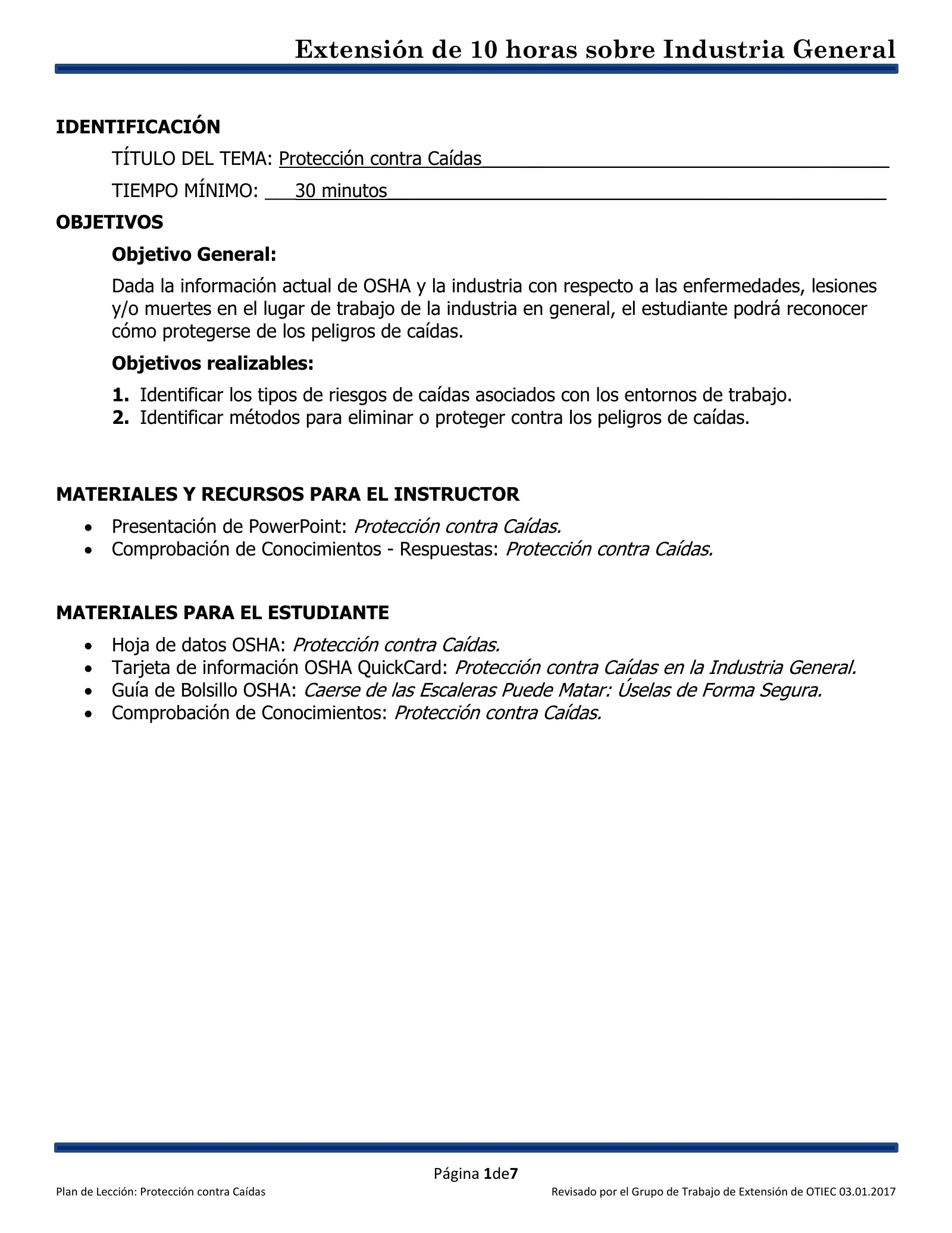 Protección contra caídas: Plan de lección (Capacitación de Extensión de 10 horas de OSHA, Industria General), page 1: IDENTIFICACIÓN
