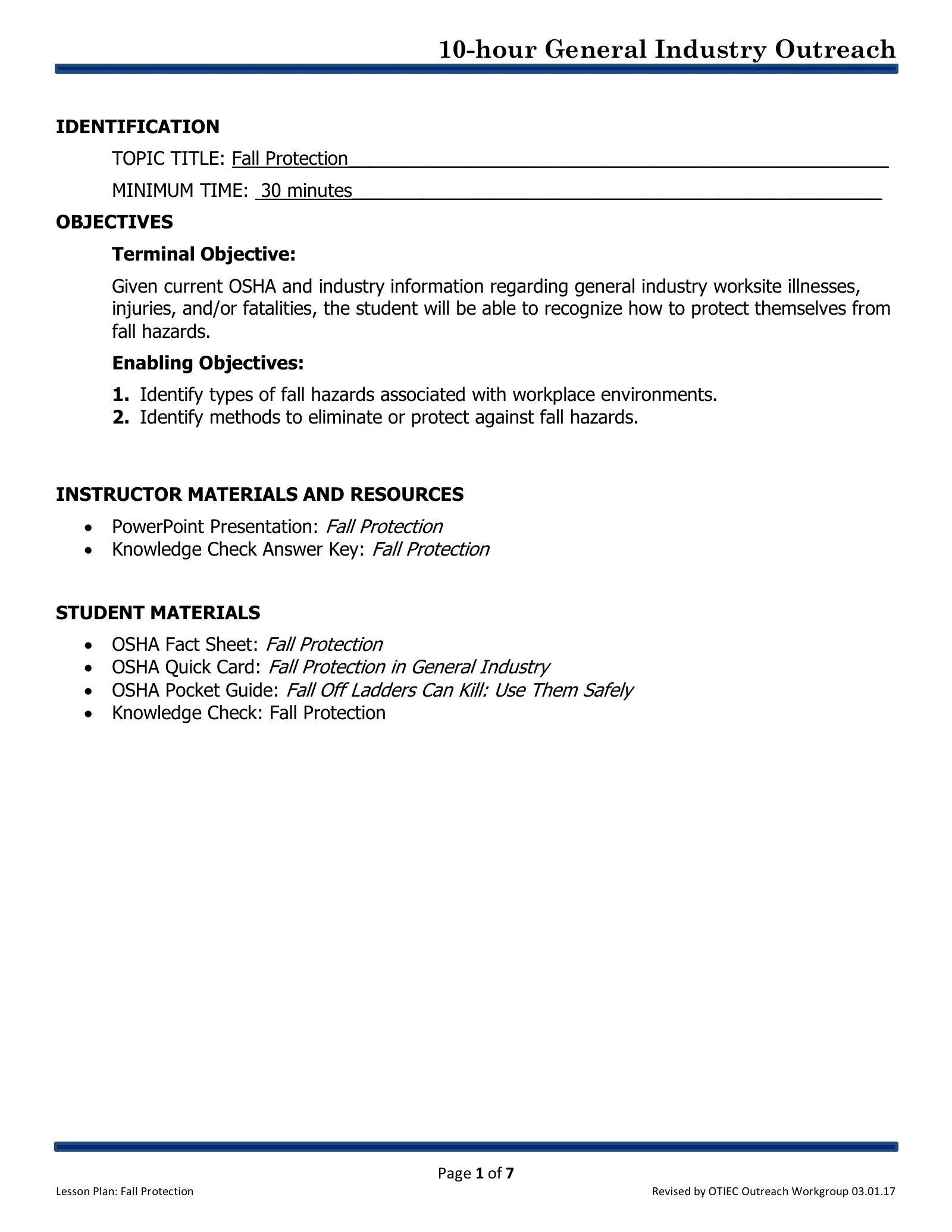 Fall Protection: Lesson Plan (OSHA 10-Hour General Industry Outreach), page 1: IDENTIFICATION