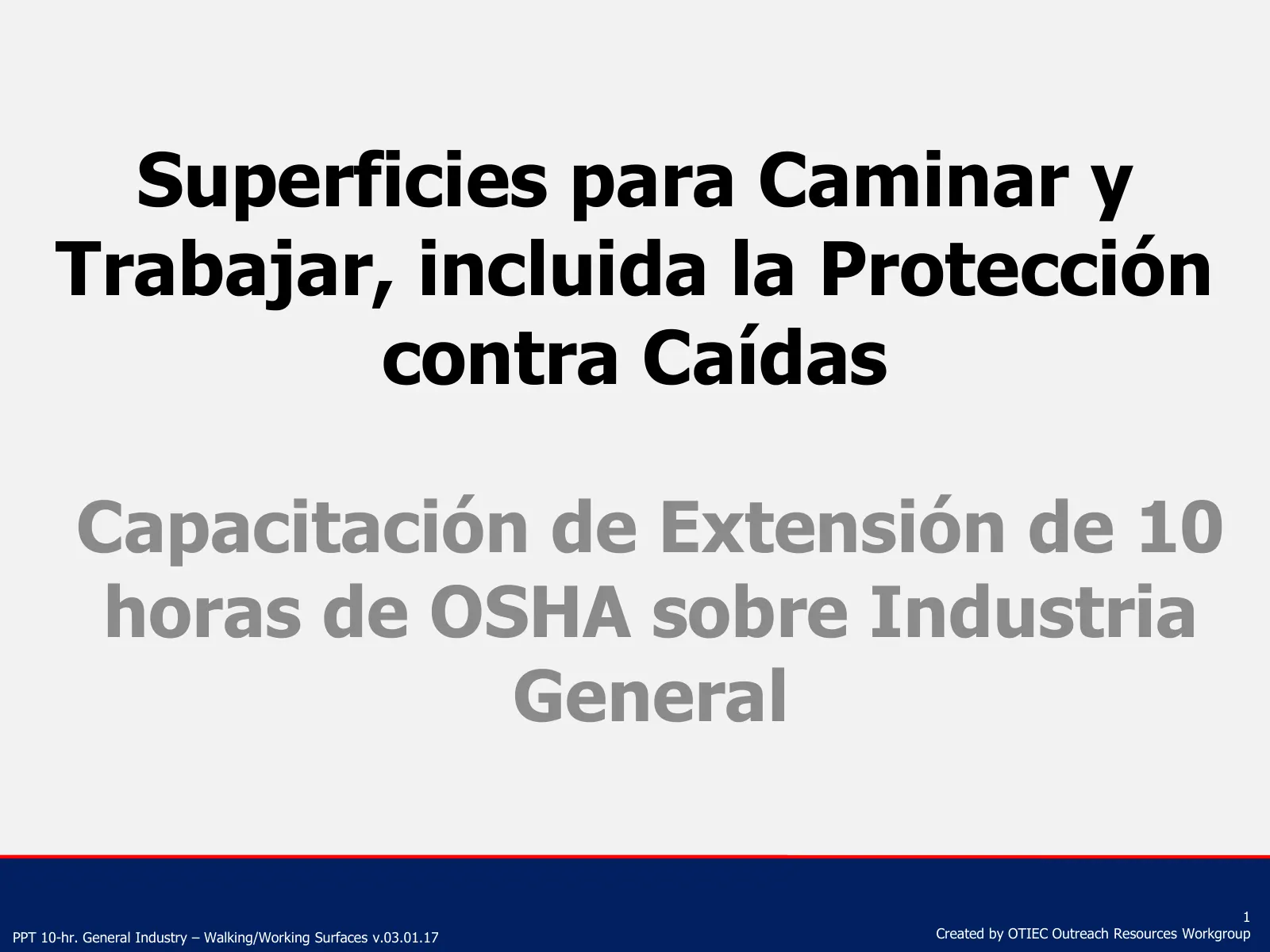Superficies para caminar y trabajar (Capacitación de Extensión de 10 horas de OSHA, Industria General), slide 1: Superficies para Caminar y Trabajar, incluida la Protección contra Caídas