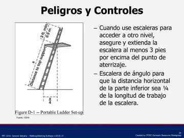 Slide 24: Cuando use escaleras para acceder a otro nivel, asegure y extienda la escalera al menos 3…