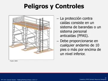 Slide 30: La protección contra caídas consiste en un sistema de barandas o un sistema personal…