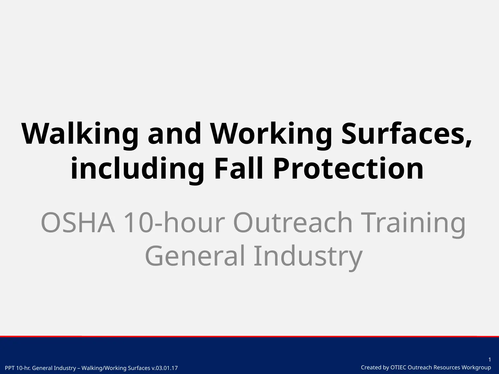 Walking and Working Surfaces (OSHA 10-Hour General Industry Outreach), slide 1: Walking and Working Surfaces, including Fall Protection