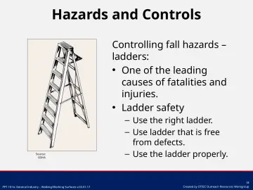 Slide 18: Controlling fall hazards – ladders: