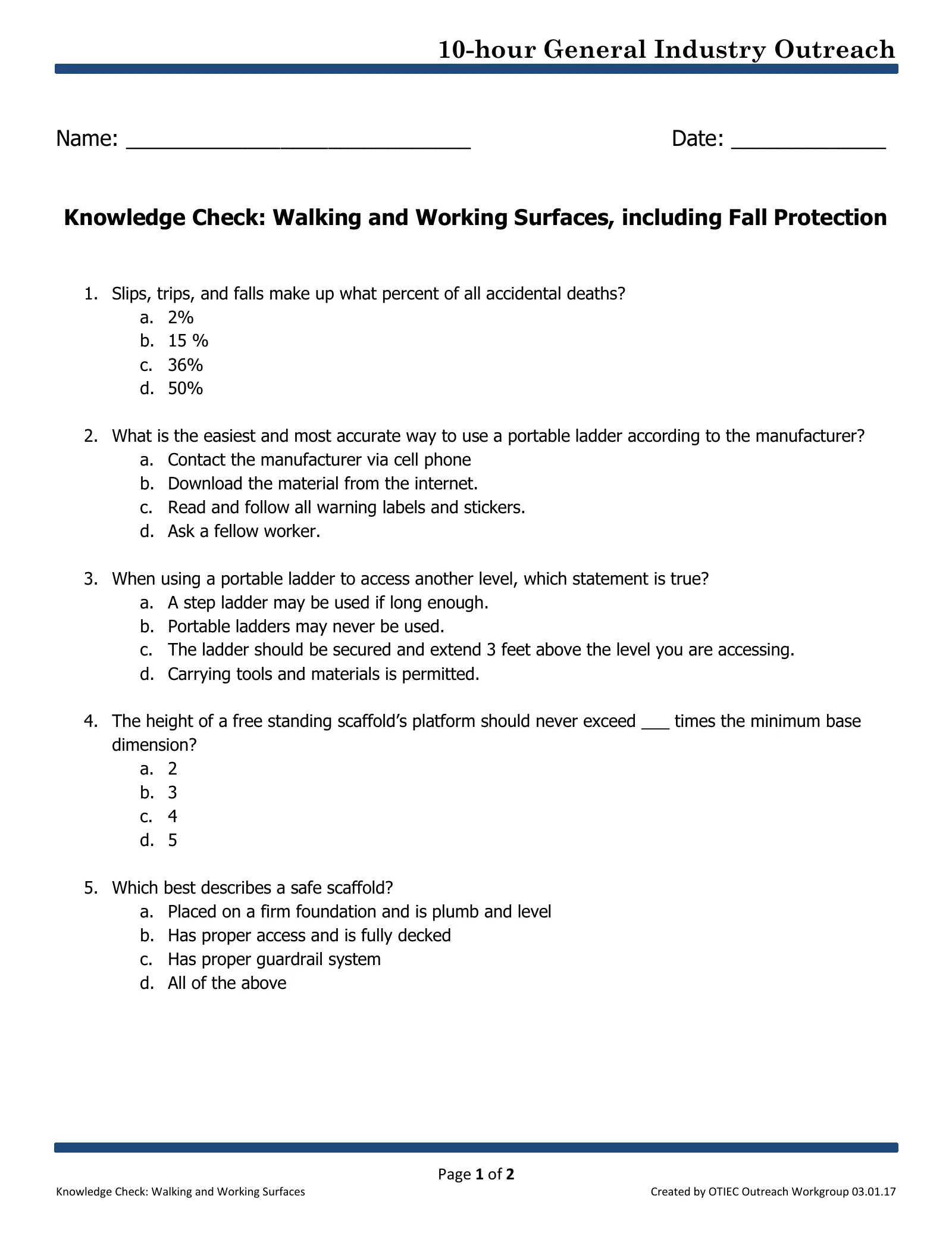 Walking and Working Surfaces: Knowledge Check (OSHA 10-Hour General Industry Outreach), page 1: 10-hour General Industry Outreach