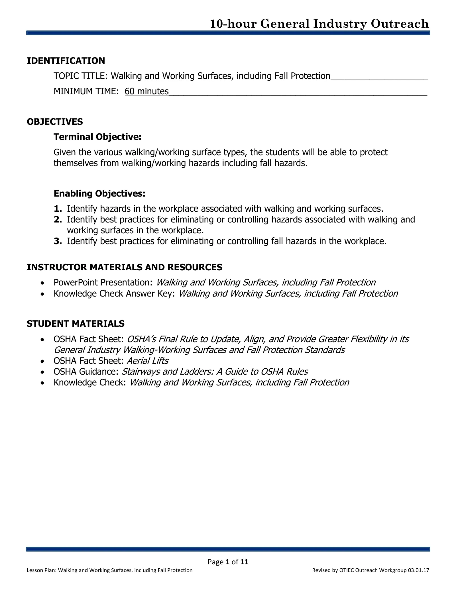 Walking and Working Surfaces: Lesson Plan (OSHA 10-Hour General Industry Outreach), page 1: IDENTIFICATION