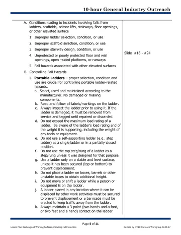 Page 5: A. Conditions leading to incidents involving falls from ladders, scaffolds, scissor lifts…