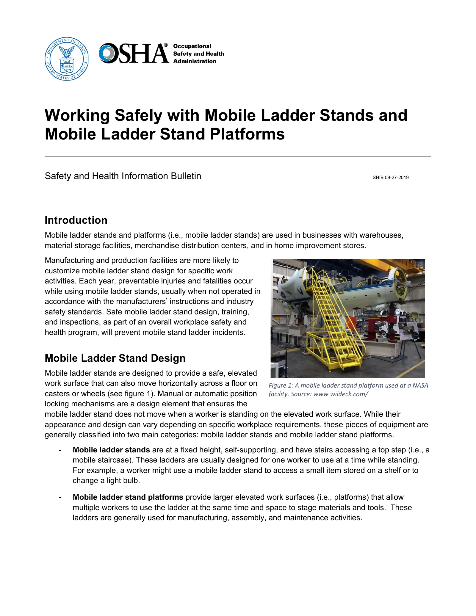Working Safely with Mobile Ladder Stands (OSHA SHIB 09-27-2019), page 1: Working Safely with Mobile Ladder Stands and Mobile Ladder Stand Platforms