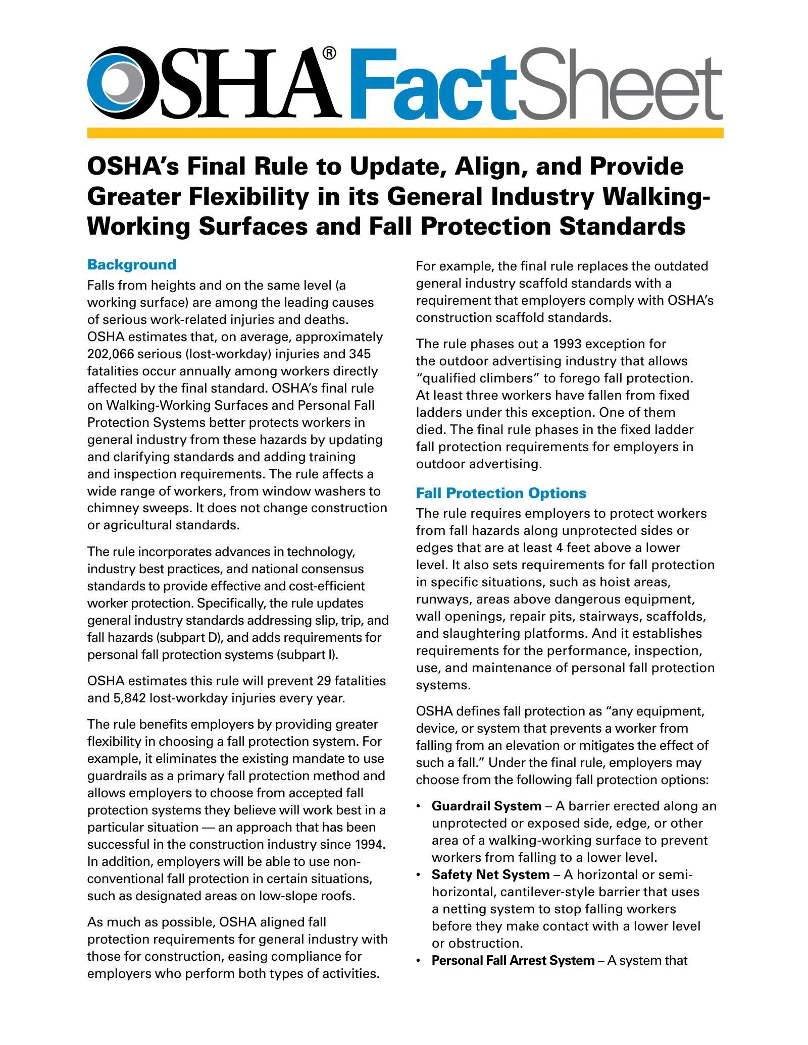 General Industry Walking-Working Surfaces and Fall Protection Final Rule Fact Sheet (OSHA), page 1: FactSheet
