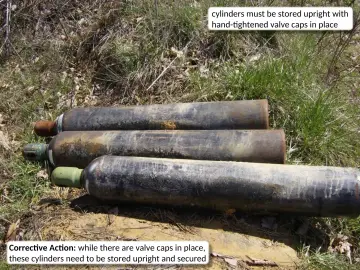 Slide 8: cylinders must be stored upright with hand-tightened valve caps in place