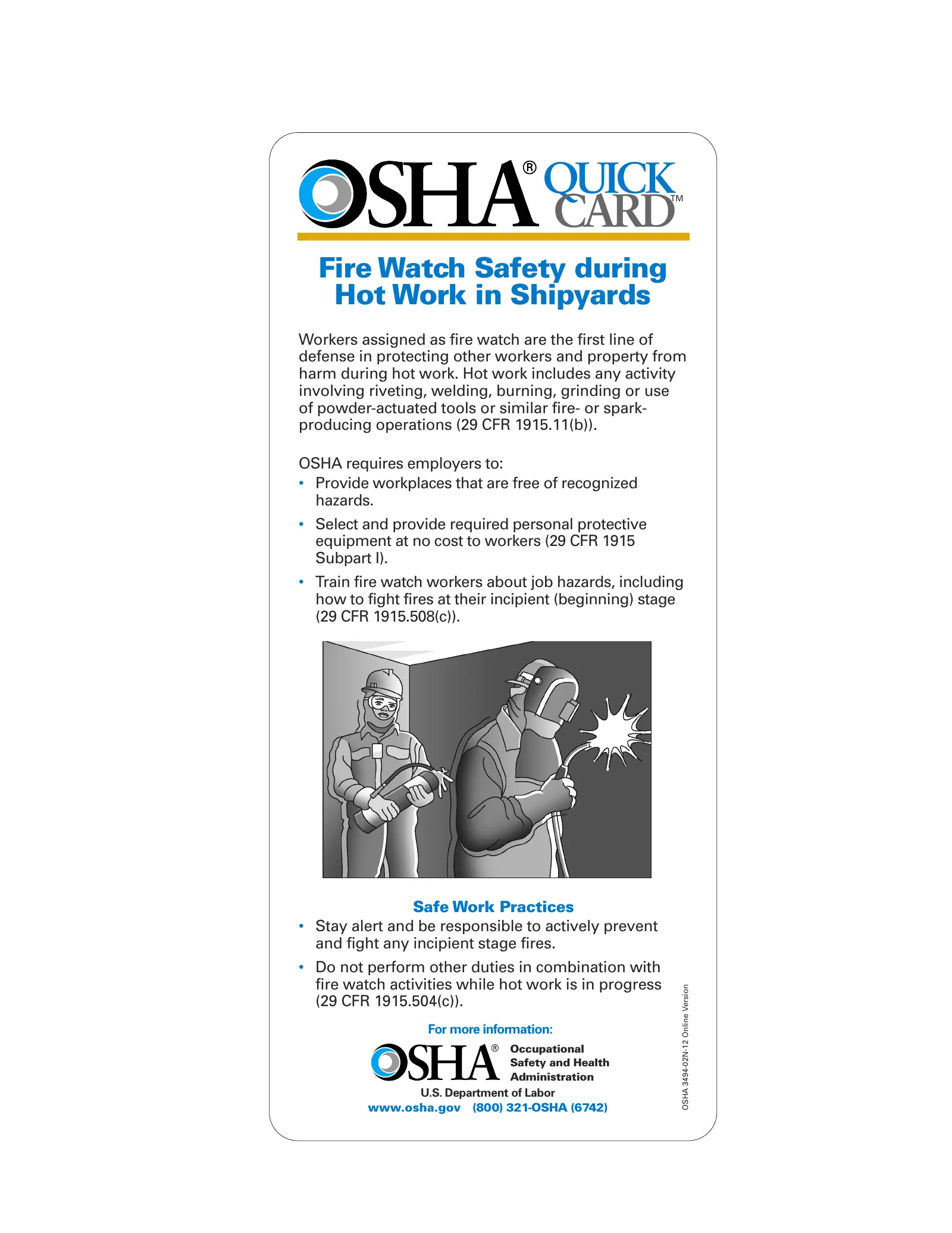 Fire Watch Safety during Hot Work in Shipyards QuickCard (OSHA 3494), page 1: CARD