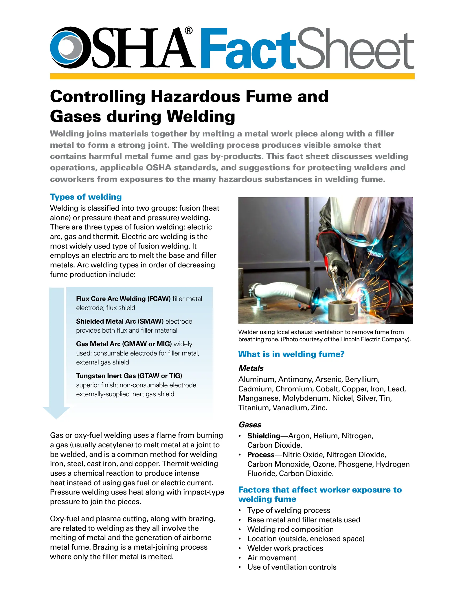 Controlling Hazardous Fume and Gases during Welding (OSHA FS 3647), page 1: FactSheet