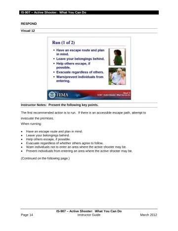 Page 16: The first recommended action is to run. If there is an accessible escape path, attempt to