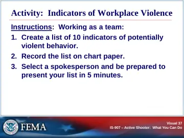 Slide 37: Activity: Indicators of Workplace Violence