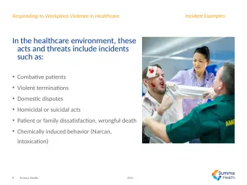 Slide 8: In the healthcare environment, these acts and threats include incidents such as: