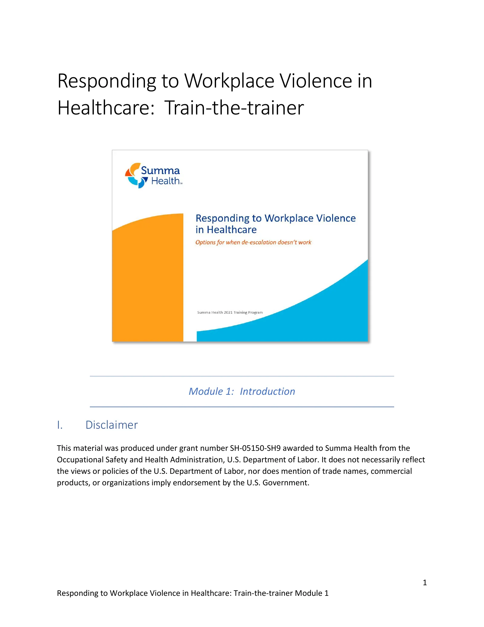 Responding to Workplace Violence: Train-the-Trainer Module 1: Introduction, page 1: Responding to Workplace Violence in Healthcare: Train-the-trainer