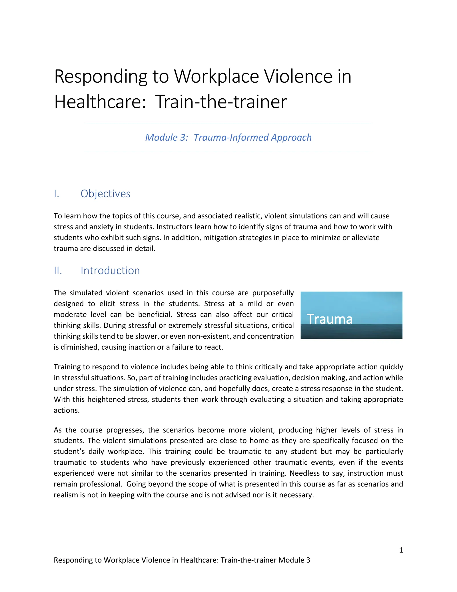 Responding to Workplace Violence: Train-the-Trainer Module 3: Trauma-Informed, page 1: Responding to Workplace Violence in Healthcare: Train-the-trainer