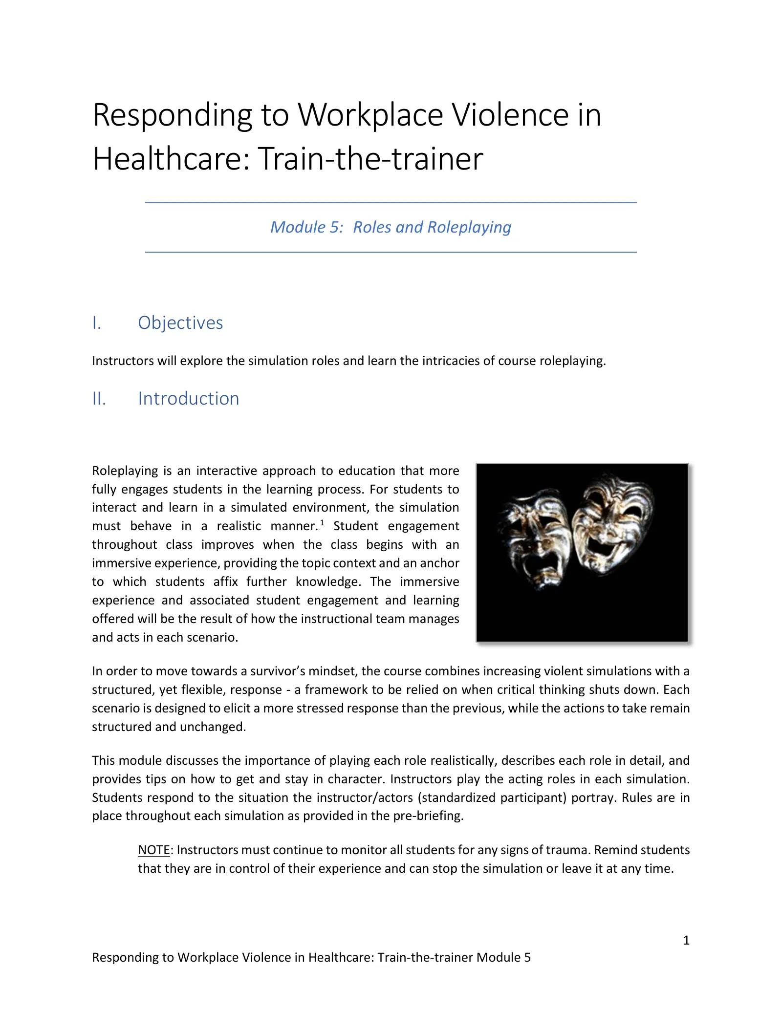 Responding to Workplace Violence: Train-the-Trainer Module 5: Roles and Roleplaying, page 1: Responding to Workplace Violence in Healthcare: Train-the-trainer