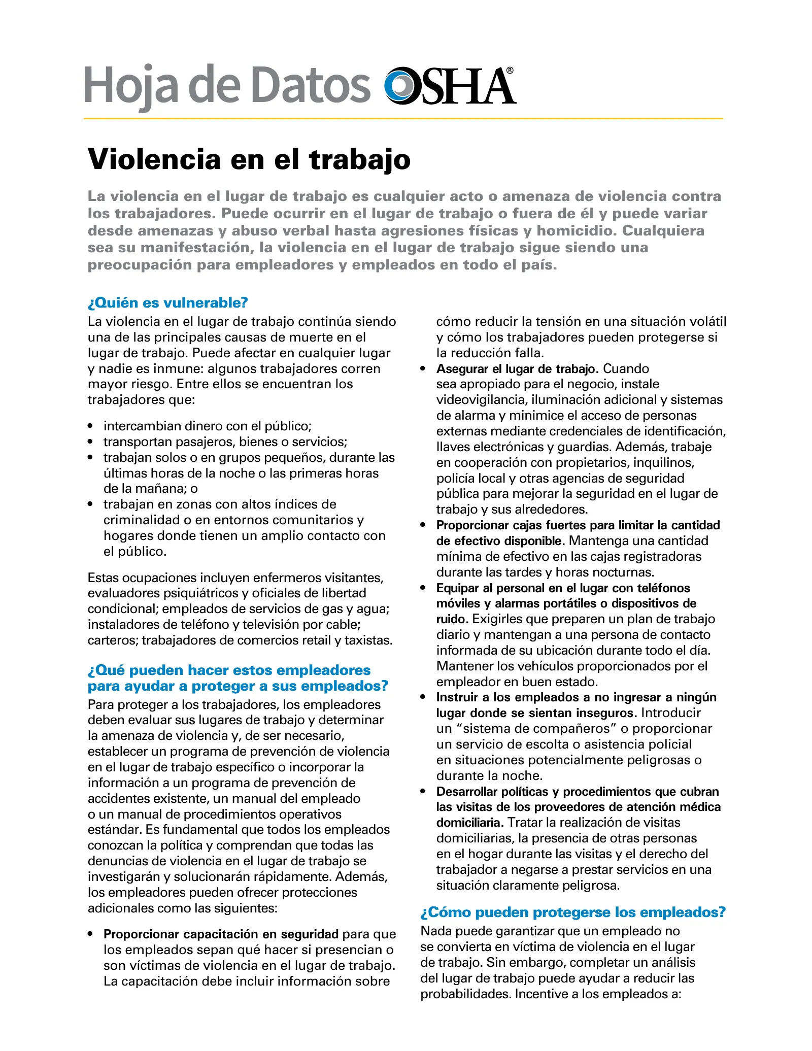 Workplace Violence Fact Sheet (OSHA FS-3524) (en español), page 1: Hoja de Datos