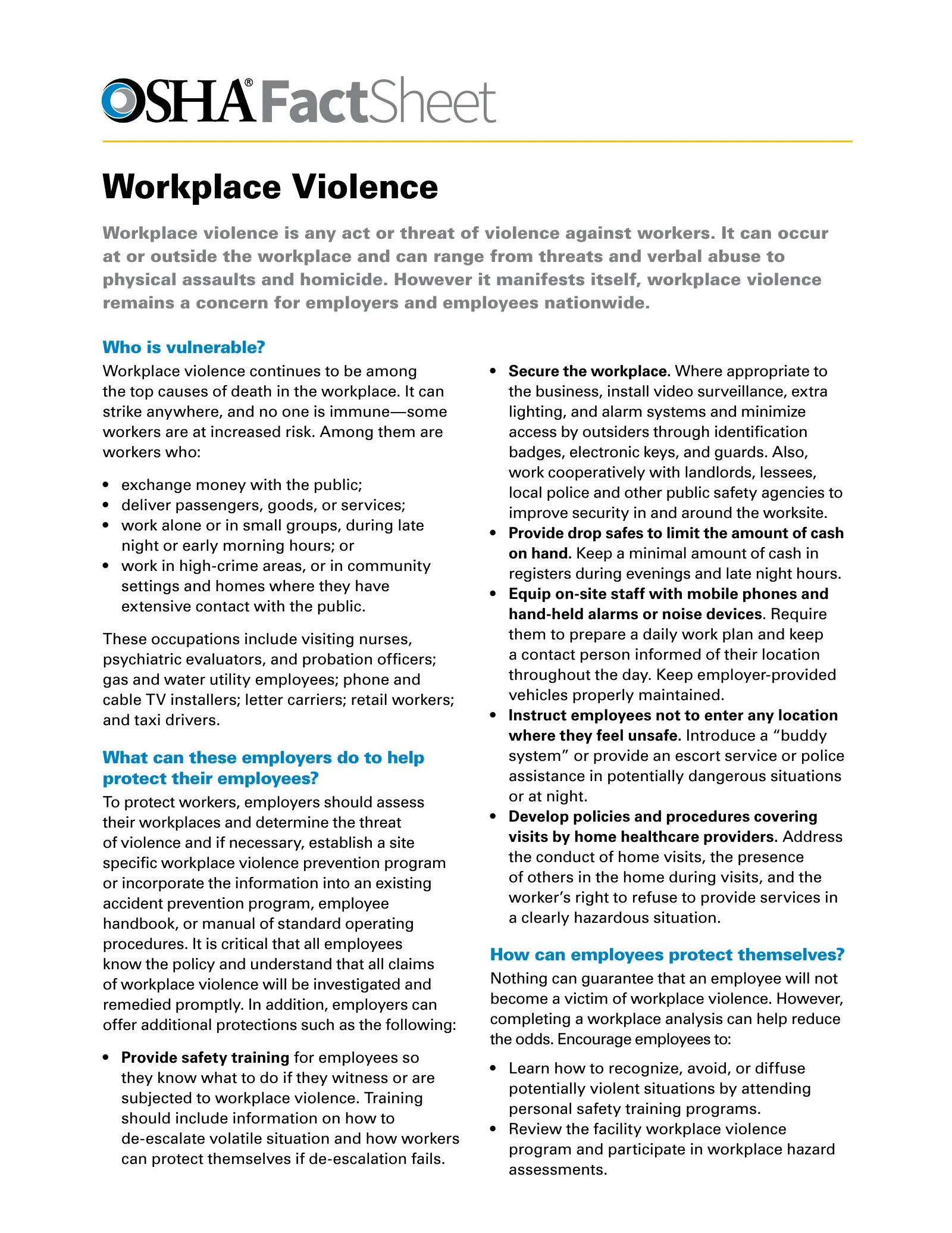 Workplace Violence Fact Sheet (OSHA FS-3509), page 1: FactSheet