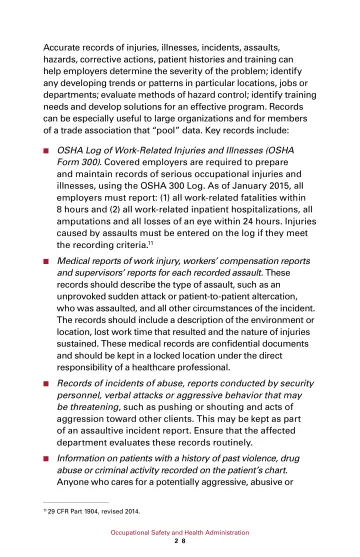 Page 34: Accurate records of injuries, illnesses, incidents, assaults, hazards, corrective actions…